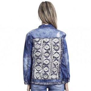 Jaase Matilda Sequin Embellished Boho Fringe Distressed Denim Jacket